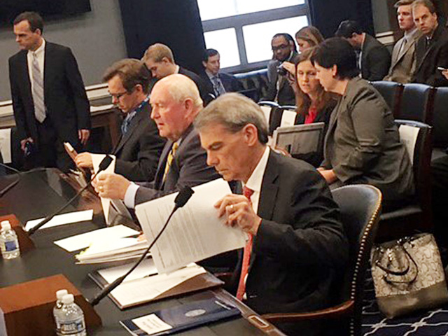 From left, USDA Chief Economist Robert Johansson, Agriculture Secretary Sonny Perdue and USDA Budget Director Mike Young testify Wednesday before the House Agriculture Appropriations Subcommittee. (DTN photo by Jerry Hagstrom)